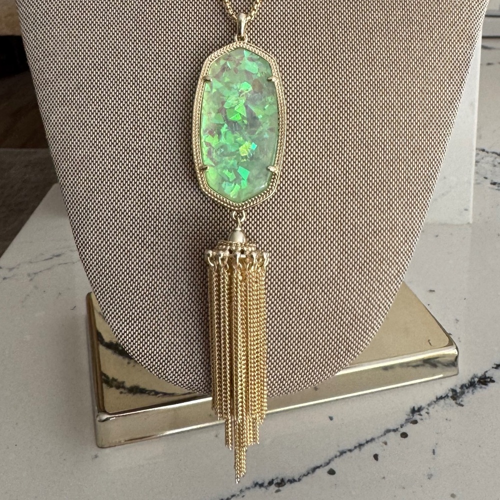 Kendra Scott Rayne Mint Opal Gold Tone Tassel Necklace NWT